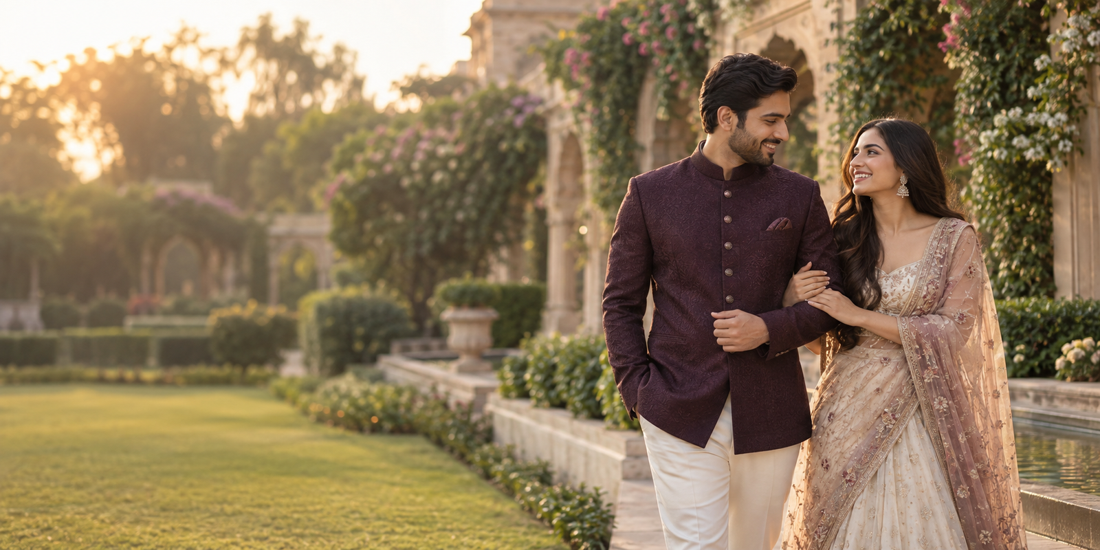 A happy couple walking together in a garden